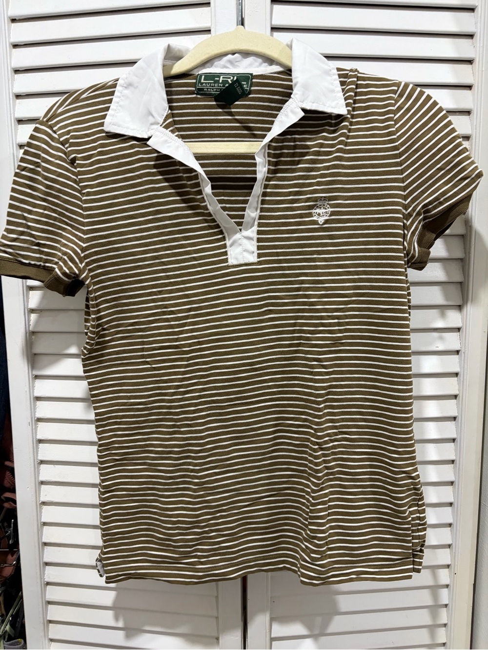Ralph Lauren Olive and White Striped Polo Top